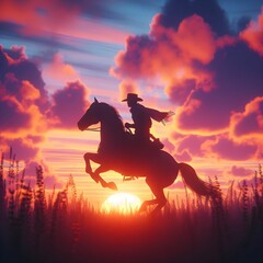 Cowboy Galloping on Horseback Through Golden Field at Dusk in a Stunning Western Sunset Scene