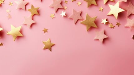 Shiny particles of golden color in the shape of stars on a pink background. Glowing sparks, festive background, greeting card. Mysterious and mystical background.