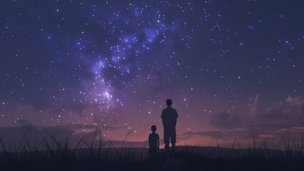 Naklejka na ściany i meble Stargazing Together: A Father and Son’s Night Sky Adventure