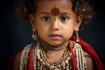 Close-up photo capturing the innocence and purity of a young Brahmin child, dressed in traditional attire, with a sacred thread across the chest, marking their Brahmin lineage