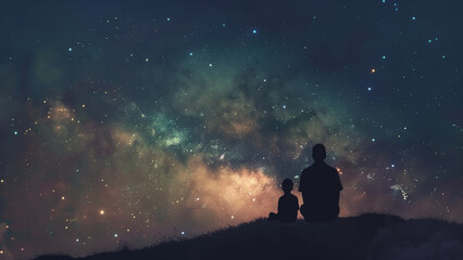Fototapeta na wymiar Stargazing Together: A Father and Son’s Night Sky Adventure