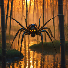 Spider resting on a web amidst nature, with close-up detail showcasing its brown and black hues and its long hairy legs, evoking a sense of both fascination and arachnophobia