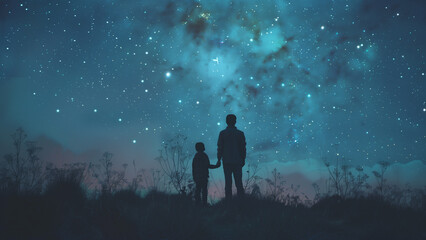 Naklejka na ściany i meble Galactic Gaze: A Father and Son’s Journey Through the Stars