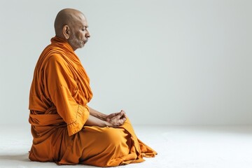 Buddhist monk meditates in an empty white isolated room. Vesak. Wesak day - Powered by Adobe