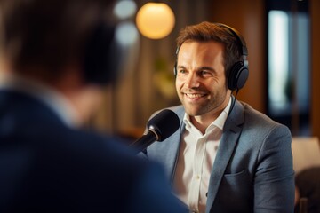 Photo of a podcast host listening attentively to a guest's explanation, with the guest in focus and...