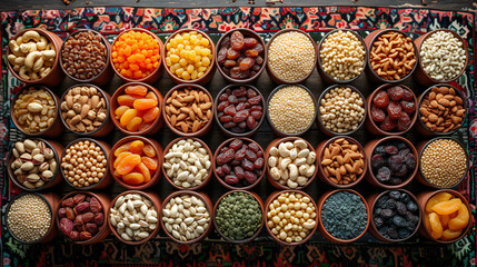 Variety of nuts, seeds, and dried fruits displayed in wooden bowls. A colorful patterned textile enhances the visual appeal. Perfect for: health food content, snack variety, nutrition articles.