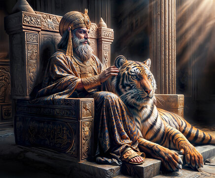 Ancient king of Persia sat in the throne with his little pet and being illuminated by the light. Digital art.
