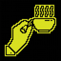 Pixel silhouette icon. Hand hold Coffee cup with hot drink and steam. Morning invigorating tea for good mood. Simple black and yellow vector isolated