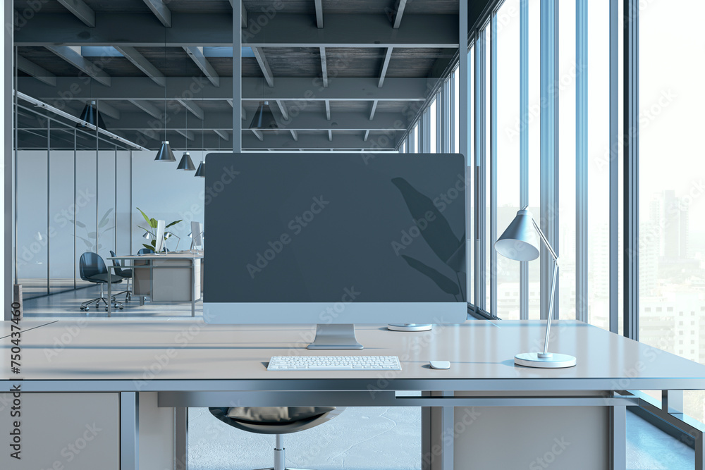 Poster modern industrial coworking office interior with empty mock up computer monitor, glass, furniture an