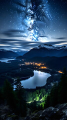 Splendorous Celestial Vista: Breathtaking Night Sky over Breathtaking British Columbia Mountainscape