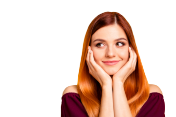 Thoughtful people person concept. Close up photo portrait of nice gentle lovely cheerful calm girl waiting for wish come true miracle holding hands near face isolated bright background copy space