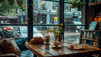 Cozy Corner: A Rainy Day in a Warm Coffee Shop - obrazy, fototapety, plakaty