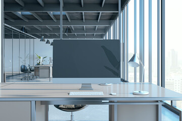 Modern industrial coworking office interior with empty mock up computer monitor, glass, furniture and daylight. 3D Rendering.
