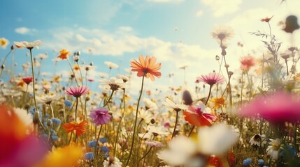 A vibrant field of wildflowers stretching to the horizon, alive with color and buzzing with the gentle hum of bees - obrazy, fototapety, plakaty
