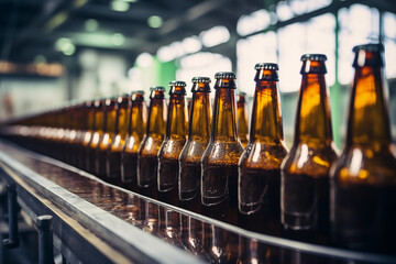 Beer drink alcohol bottles brewery conveyor - obrazy, fototapety, plakaty