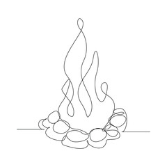 Continuous single line sketch drawing of bonfire campfire camping activity. One line warm body in campsite light, cooking food and water outdoor hiking travel trip vector illustration