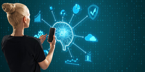 Back view of blonde woman with smartphone and creative glowing digital brain hologram on blurry background. AI and futuristic hud elements.