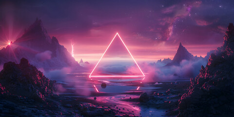 Futuristic fantasy night landscape with light reflection,Neon triangle with neon background in the style of fantasy landscapes