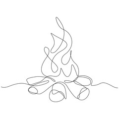 Continuous single line sketch drawing of bonfire campfire camping activity. One line warm body in campsite light, cooking food and water outdoor hiking travel trip vector illustration