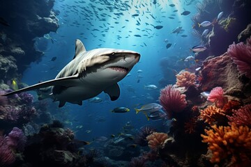 Tiger shark swimming in coral reef, marine life, underwater beauty