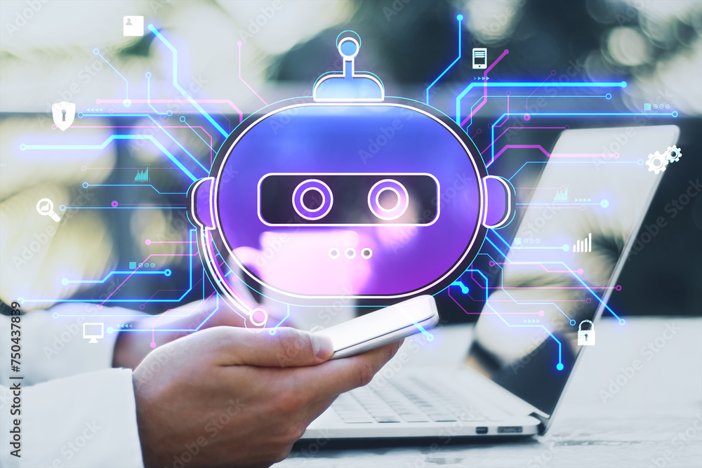 Poster Close up of male hands using laptop and cellphone at desk with creative robot hologram on blurry background. Chat GPT and ai, customer support and bot concept. Double exposure.