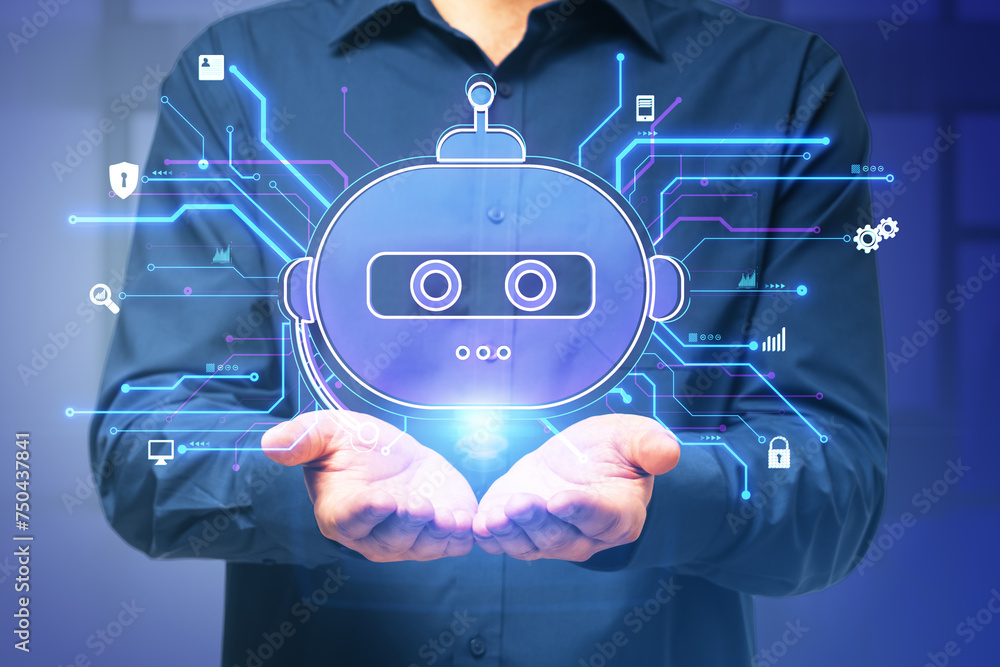 Poster close up of businessman hands holding creative robot hologram on blurry background. chat gpt and ai,