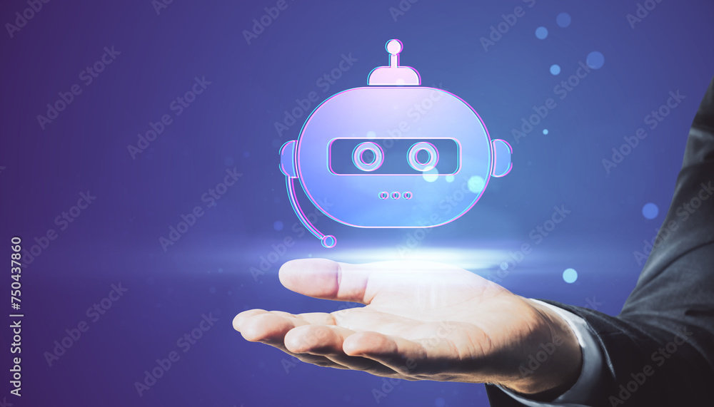 Poster close up of businessman hand holding creative robot hologram on blurry background. chat gpt and ai, 