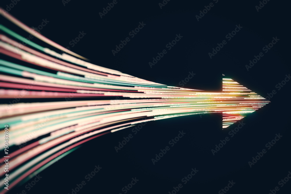 Poster Creative high-speed motion arrow on dark backdrop. Dynamic energy and technology concept. 3D Rendering.