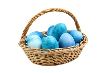 a wicker basket with blue Easter eggs, easter decorative motif, isolated on transparent background - obrazy, fototapety, plakaty