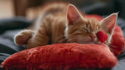 Kitten sleeping on the heart-shaped pillow, Valentine's day card idea, generative ai
