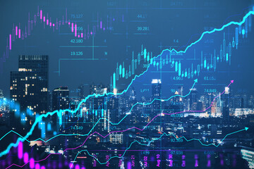 Fototapeta na wymiar Creative glowing candlestick forex chart on blurry night city backdrop. Financial trade and market concept. Double exposure.