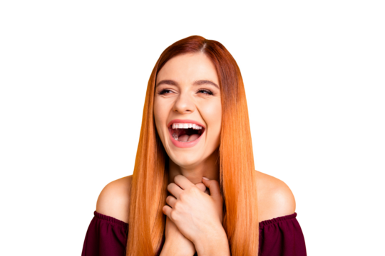 I can't stop laughing! You look so funny! Close up photo portrait of attractive fancy funny funky pretty with long straight hair glad nice lady isolated on vivid bright shinny colorful background