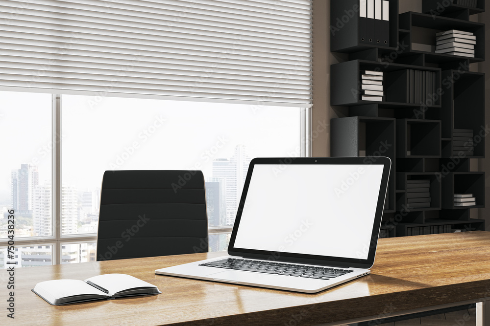 Poster Creative designer desktop with empty white mock up laptop, supplies. Window with city view and blinds. 3D Rendering.