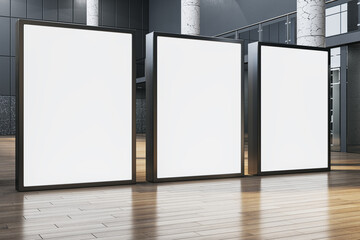 Bright empty white banner in interior with glass partitions, columns and wooden flooring. Mock up, 3D Rendering.