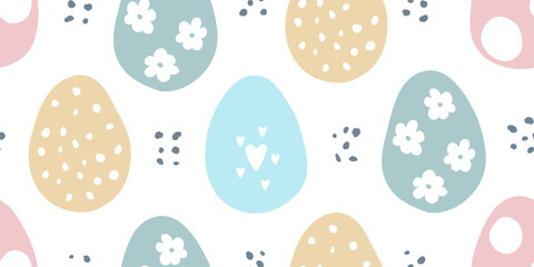Easter Eggs seamless pattern. Hand drawn color egg shapes with dots, flowers and hearts. Vector illustration.