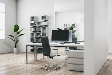Contemporary white coworking office hallway interior with furniture, equipment and mock up place on walls. 3D Rendering.