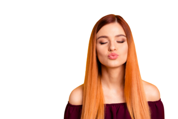 Come closer I want to give you a kiss! Close up photo portrait of attractive charming cute sweet lovely lady isolated on bright vivid colorful background copy space