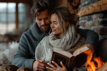 A cozy evening by the fireplace, with the couple cuddled up together reading books