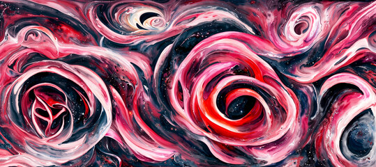 Vibrant graffiti like art of cosmic ether nebula flower swirls, galaxies intertwined and dimensions merged, abstract chaotic background.
