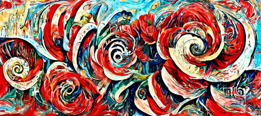Vibrant graffiti like art of cosmic ether nebula flower swirls, galaxies intertwined and dimensions merged, abstract chaotic background. - obrazy, fototapety, plakaty