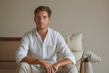 Confident handsome man sitting on chair looking at camera. Generative AI