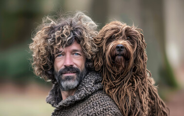 Handsome mature homeless man with curly, messy hair and his look alike brown dog, portrait outdoors, animal human friendship.