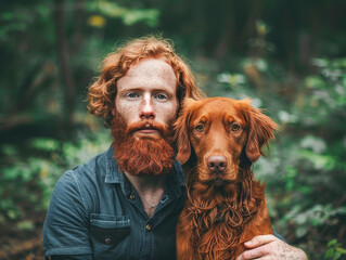 Red haired freckled young man with beard and moustache and his dog friend with the same colour of...
