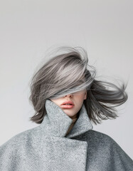 Portrait of a young woman with grey straight hair flying and covering her face, only lips are visible. She is wearing a gray coat with high collar