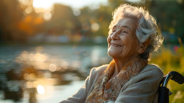 Elderly woman in wheelchair enjoying the sunshine by the waterfront. Concept Senior Photography, Waterfront, Elderly Woman, Wheelchair-bound, Sunny Day