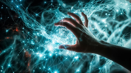 une main touche des cordes lumineuse dans l'espace pour illustrer la théorie des cordes sur l'univers - obrazy, fototapety, plakaty