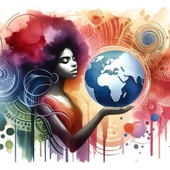 Artistic representation of a woman holding a globe on a stylized background, evoking themes of International Women's Day