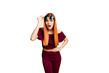 What did you say? Close up photo portrait of annoyed unhappy sad upset with strange look touching spectacles holding hand on waist isolated bright vivid background copyspace