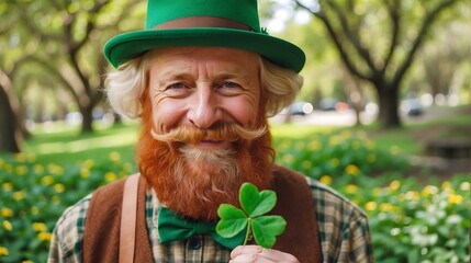 Old man with St. Patrick Hat on park background	