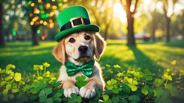 Cute dog with St. Patrick Hat on park background	